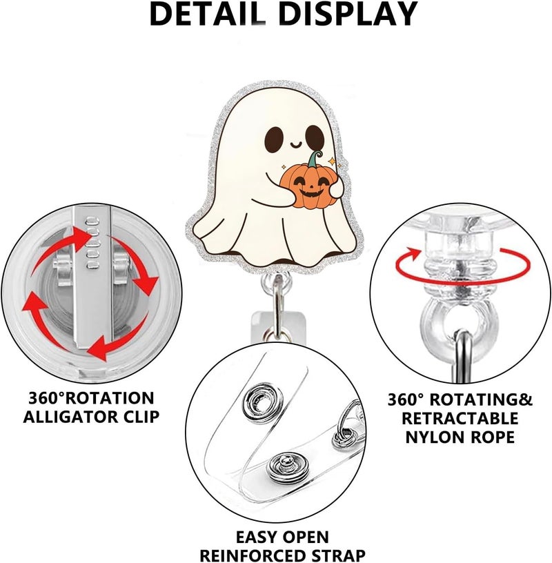 NSSHEL Cute Ghost Badge Reel Acrylic Retractable Halloween Badge Clip with 360° Rotating ID Card Holder Ghost Holding Pumpkin Badge Reel Designs Halloween Spooky ID Badge Holder for Nurses, Doctors - Image 3